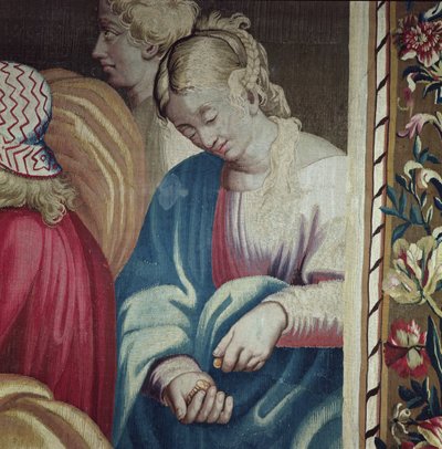 Wandtapijt met de Handelingen van de Apostelen, de Dood van Ananias (Saffira, vrouw van Ananias telt haar munten), geweven in de Beauvais Werkplaats onder leiding van Philippe Behagle (1641-1705) door Raffaello Sanzio Raphael